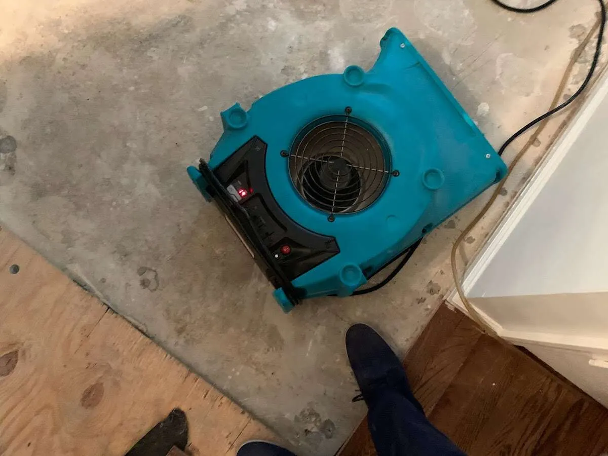 Air mover drying subfloor during Leak Detection & Repair in Eastampton